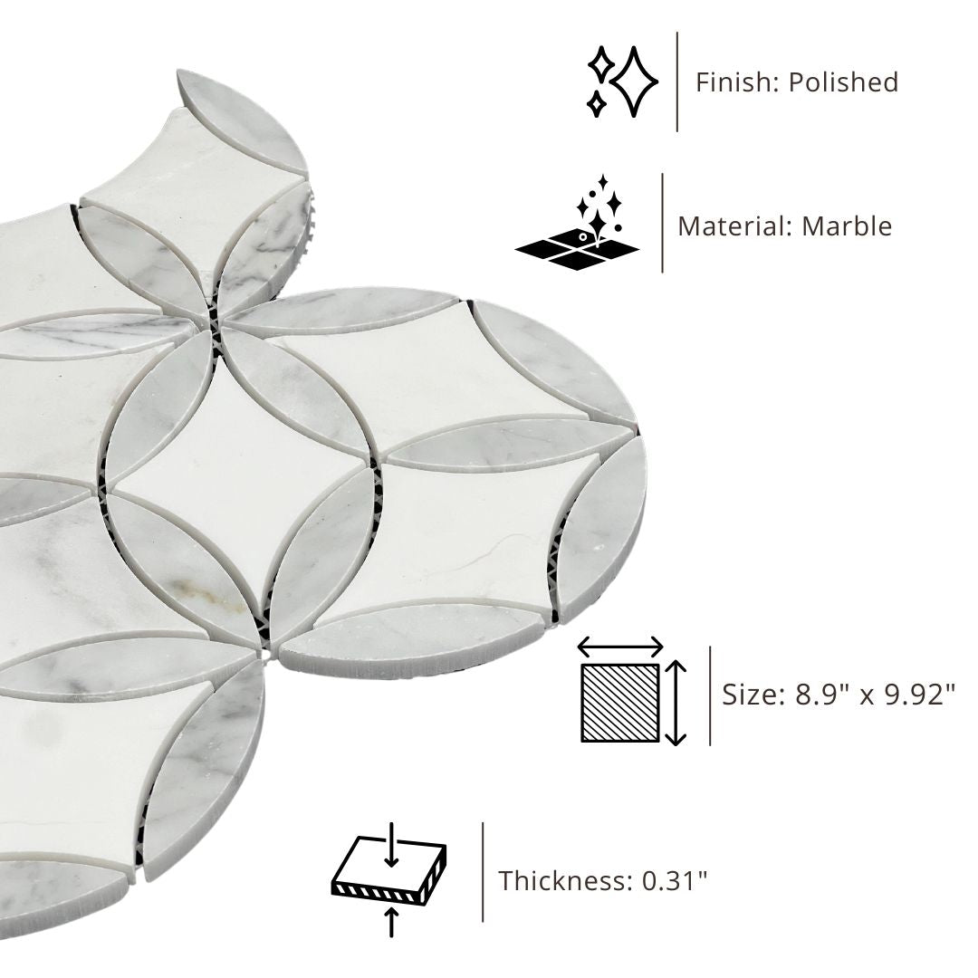 Tenedos HTC191 Snow Petal Polished Marble Mesh-Mounted Mosaic Tile