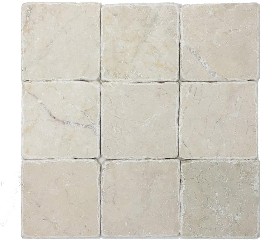 Tenedos 4x4 Square Beige Light Cream Marble Stone Floor Wall Coaster Tile Backsplash for Handcrafting, Kitchen, Bathroom Shower, Accent decor, Fireplace, Drink Coasters (4 Pieces)