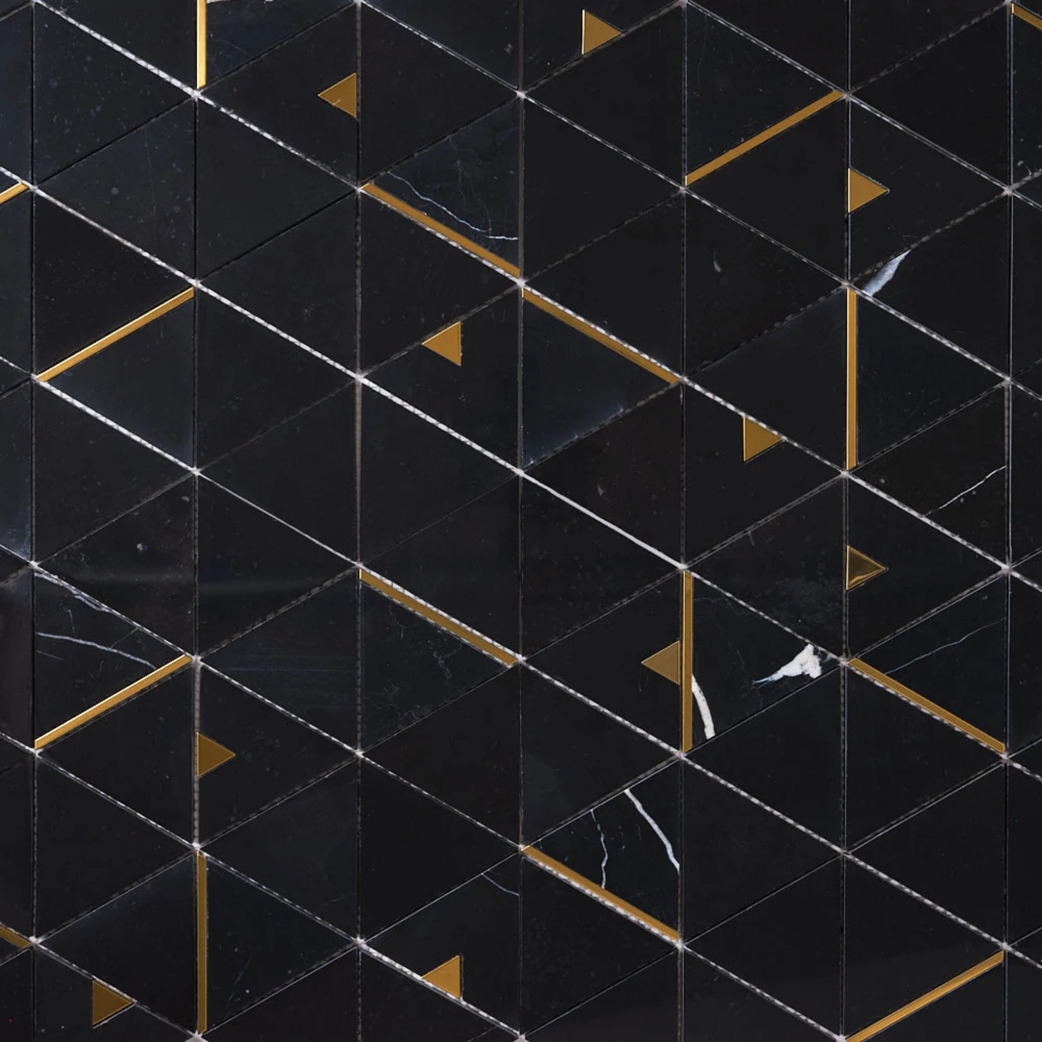Tenedos HTCRC 12x14 Nero Marquina Triangle Mosaic Tile – Black Marble Look with Gold Metal Inlay, Floor & Wall