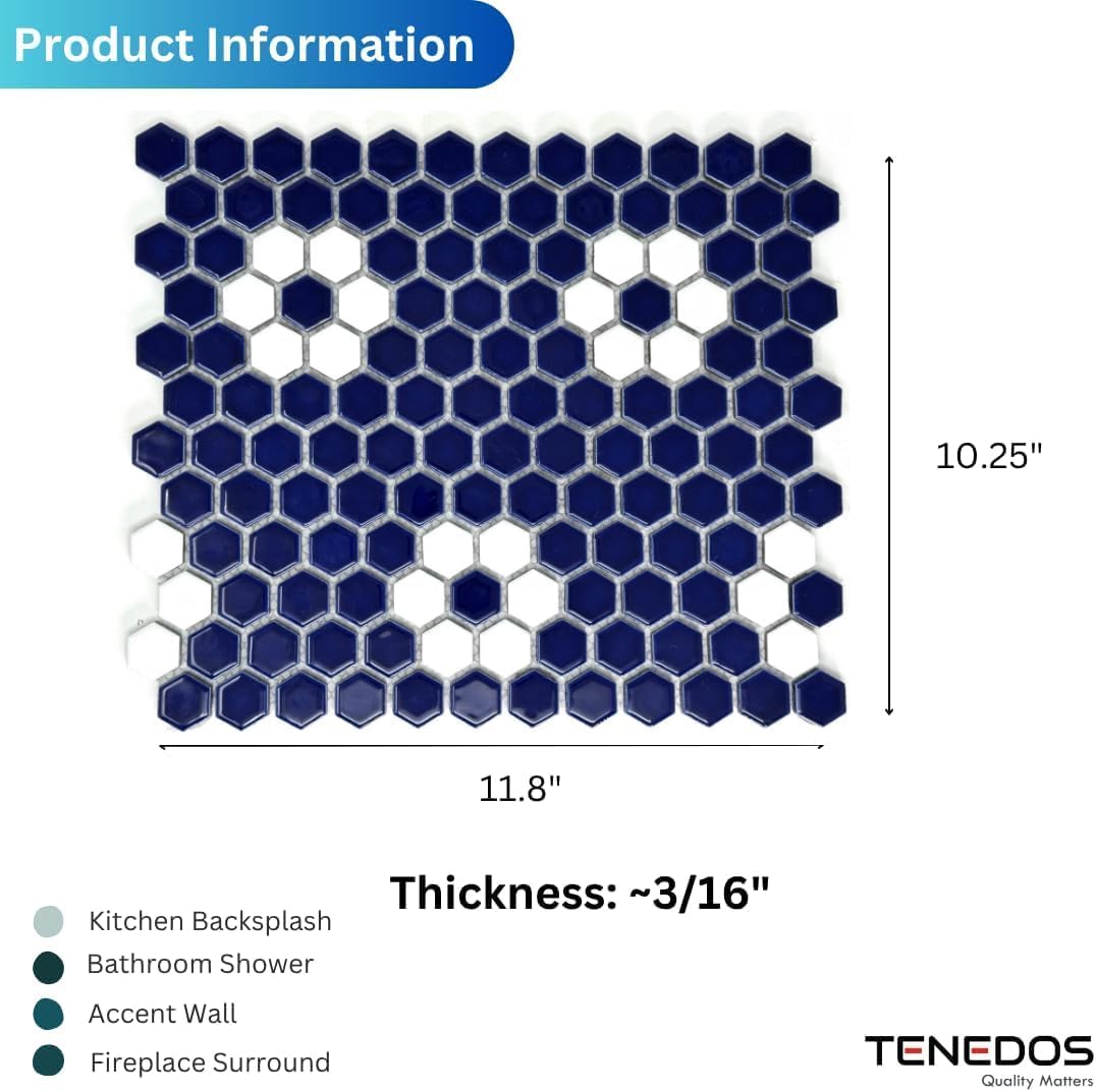 Tenedos Hexagon Glossy Cobalt Blue Flower Porcelain Mosaic Tile – Kitchen Backsplash, Bathroom Wall & Shower Floor Tile