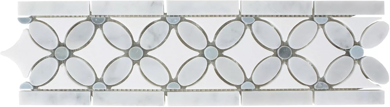 Tenedos 4x13 Polished Carrara White Marble Border Tile – Italian Marble Trim for Indoor Floors, Walls, Showers, Bathrooms, Fireplaces – Water-Resistant