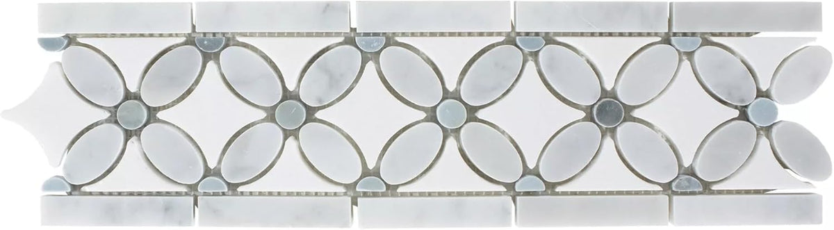 Tenedos 4x13 Polished Carrara White Marble Border Tile – Italian Marble Trim for Indoor Floors, Walls, Showers, Bathrooms, Fireplaces – Water-Resistant