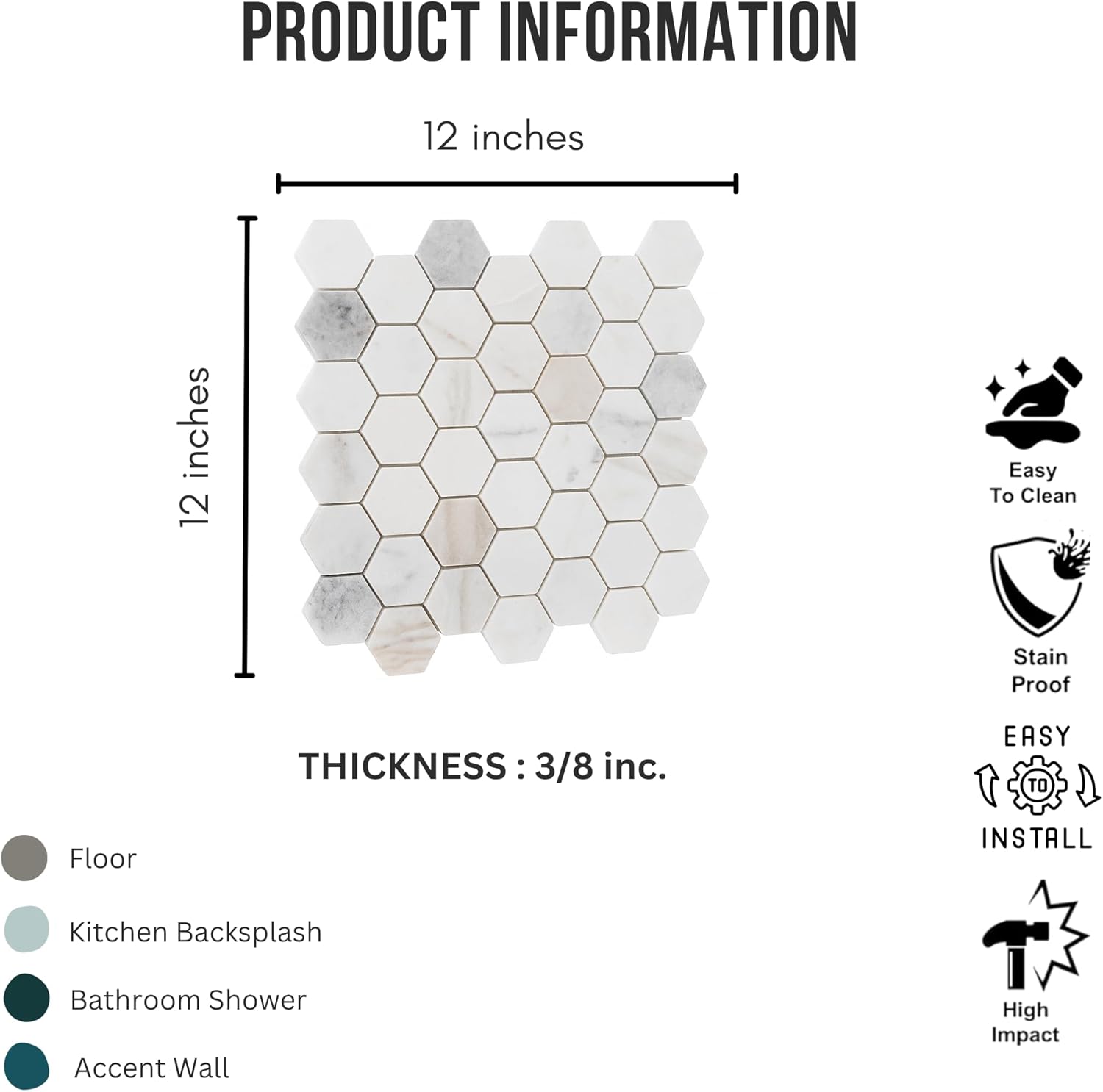 Tenedos Bianco Orion Hexagon Polished Marble Mosaic Tile 2" Natural Stone 12x12 Sheet for Bathroom Kitchen Wall and Floor Decoration – Elegant White with Subtle Gray and Gold Veins (5 Sheets)