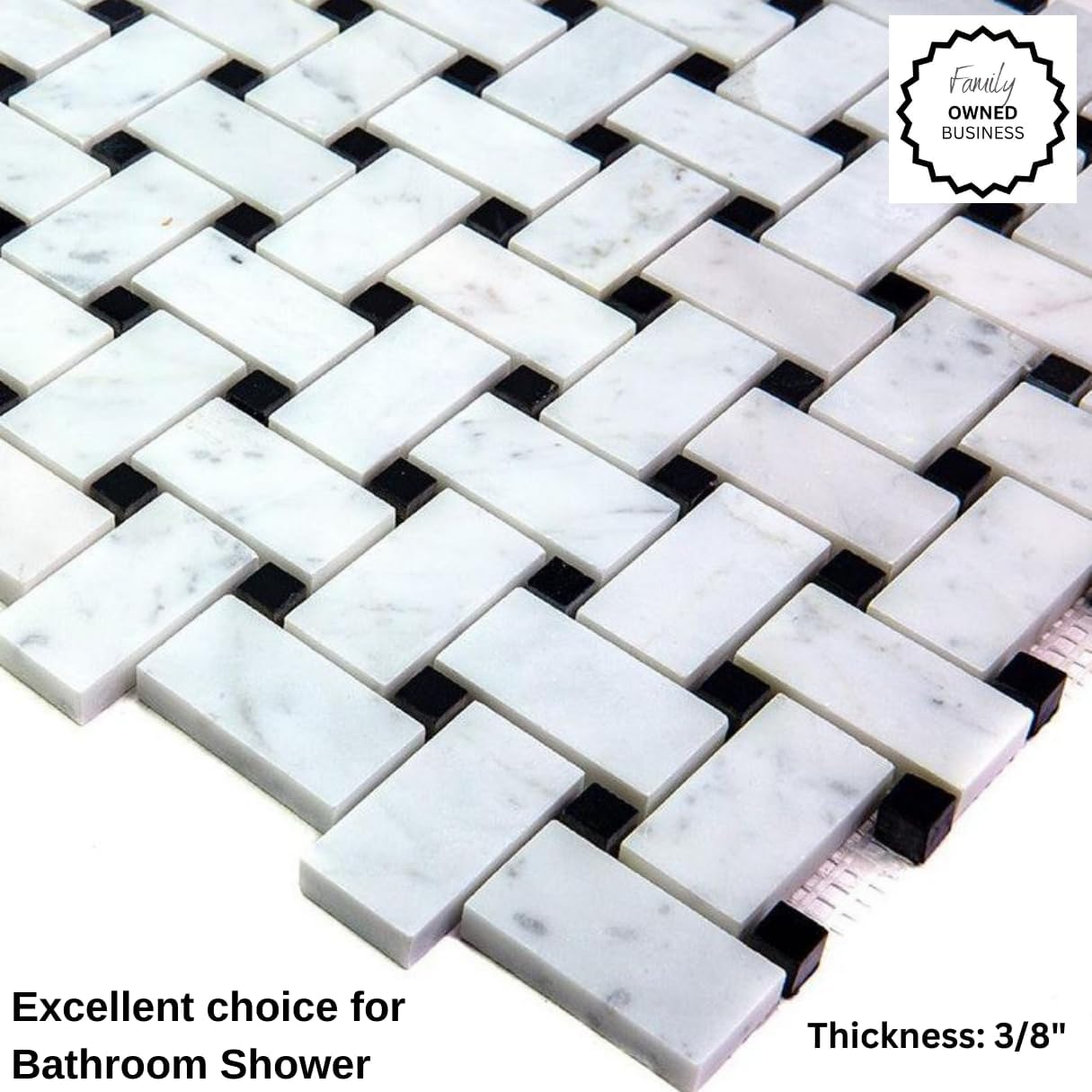 Bianco Carrara Basketweave Marble Tile - Black Dots, Polished Finish