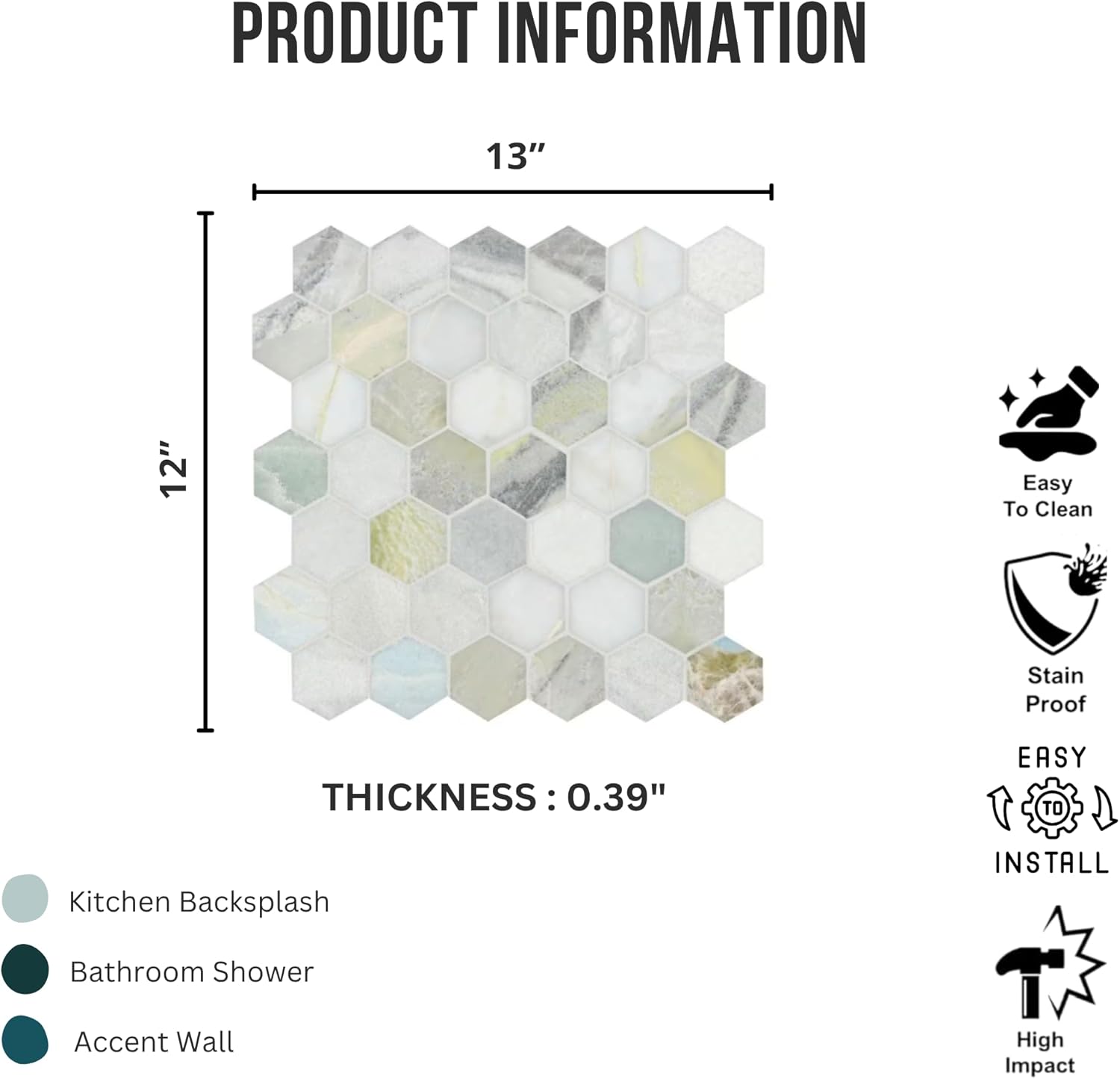 Aurora Mist 2" Hexagon Polished Marble Mosaic Tile – Natural Stone Floor and Wall Tile for Bathroom, Kitchen Backsplash, and Shower Accent