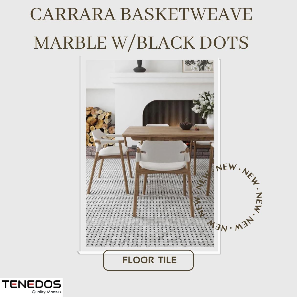 Bianco Carrara Basketweave Marble Tile - Black Dots, Polished Finish