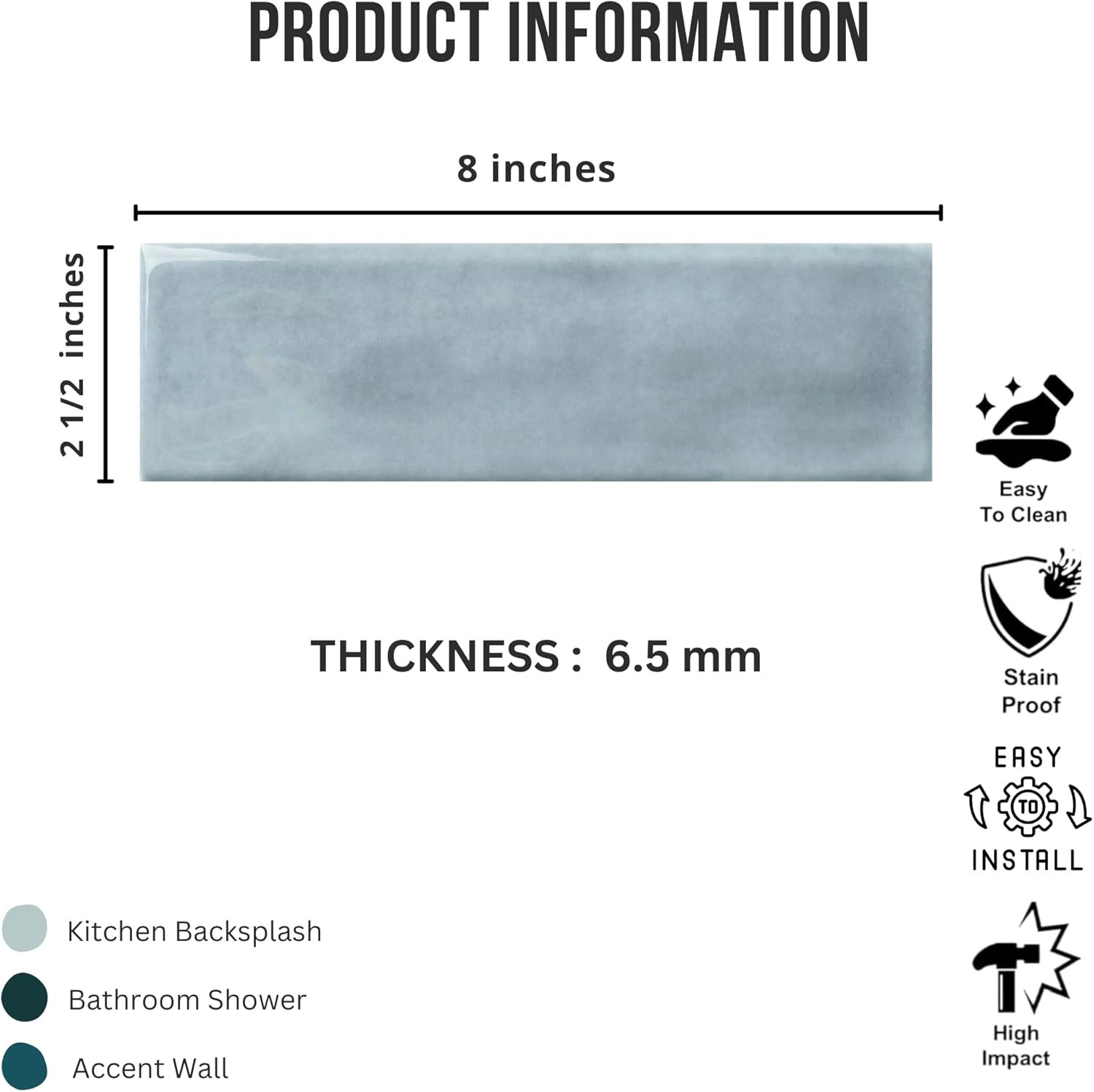 Tenedos HTCFD Handmade Zellige Look 2.5” x 8” Blue Porcelain Tile – High Gloss Pressed Edge Subway Tile for Wall & Floor, Bathroom, Kitchen Backsplash, Shower Walls