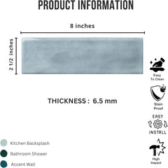 Tenedos HTCFD Handmade Zellige Look 2.5” x 8” Blue Porcelain Tile – High Gloss Pressed Edge Subway Tile for Wall & Floor, Bathroom, Kitchen Backsplash, Shower Walls