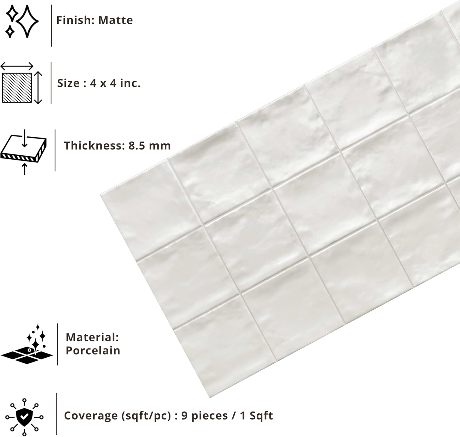 Tenedos Matte Porcelain Subway Zellige Look Tile – 4x4 Inches Wall and Floor, Backsplash for Kitchen, Bathroom, Shower,Fireplace Accent-for Restaurant Hotel Cafe Spa