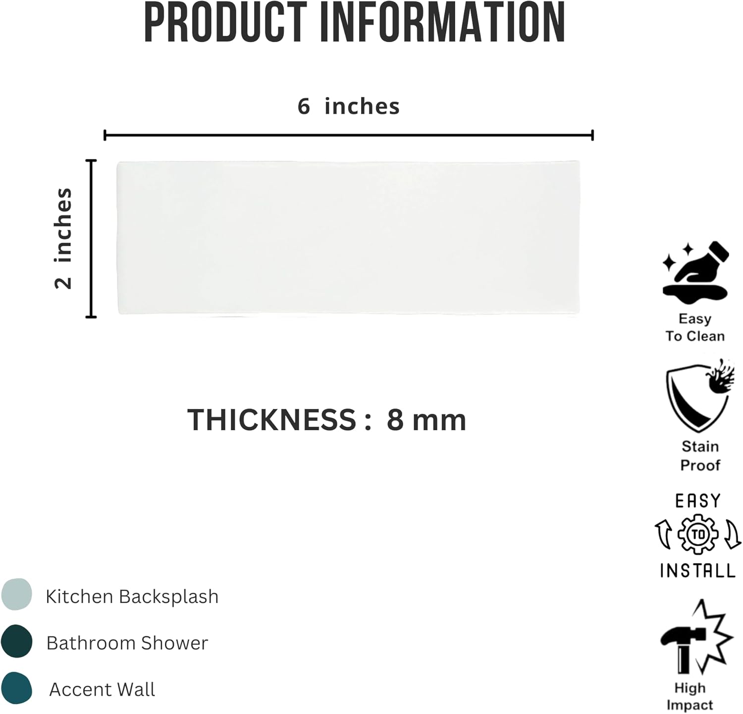 Tenedos HTCFD 2x6 Glossy White Porcelain Wall Tile, High Gloss Finish, Pressed Edge, Bathroom Floor & Shower Wall Suitable, Indoor Outdoor Use – Box of 66 Pieces