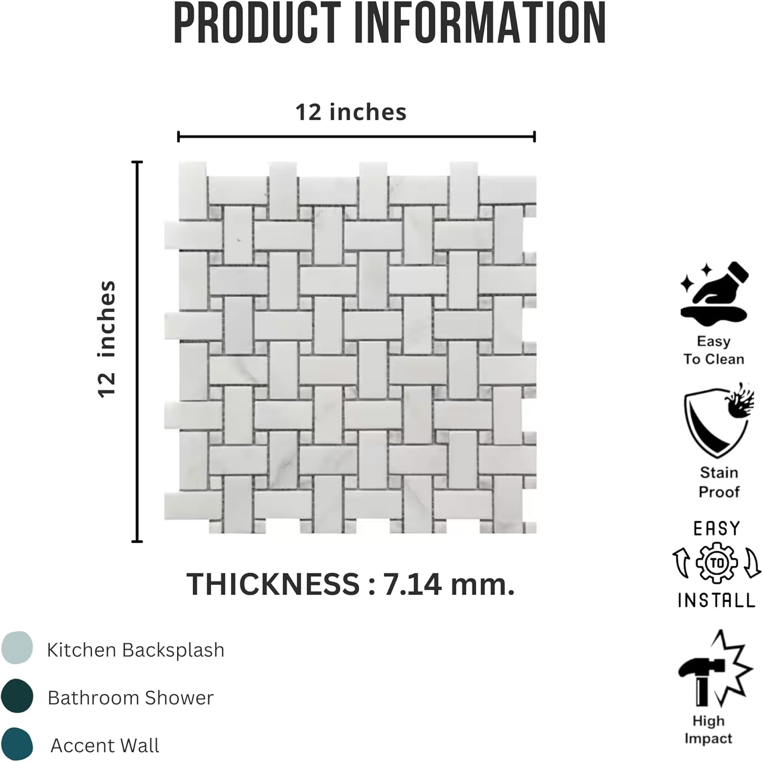 Tenedos HTCRC Bianco Carrara Basket Weave Marble Interlocking Mosaic Tile | 11 x 12 Inch Mesh-Mounted White Marble | Kitchen Backsplash Bathroom Shower Accent Wall