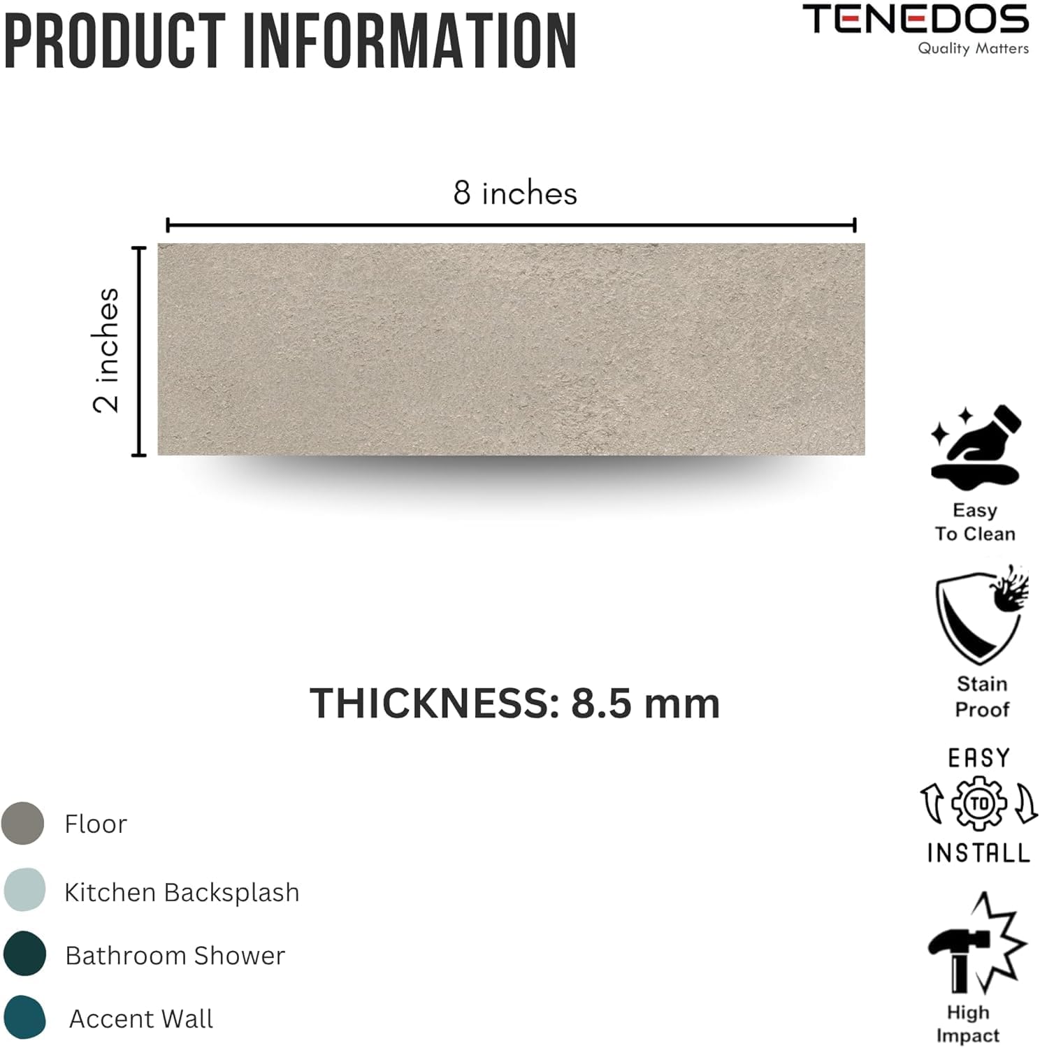 Tenedos Matte Grigio Porcelain Subway Tile – 2"x8" Wall and Floor, Backsplash for Kitchen, Bathroom, Shower, Fireplace Accent - Great for Restaurant Hotel Cafe Spa