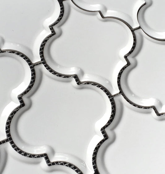 Tenedos Crystal Glow Glossy White Arabesque Porcelain Mosaic Tile 12x13 in for Kitchen Backsplash Bathroom Wall Shower Fireplace Accent