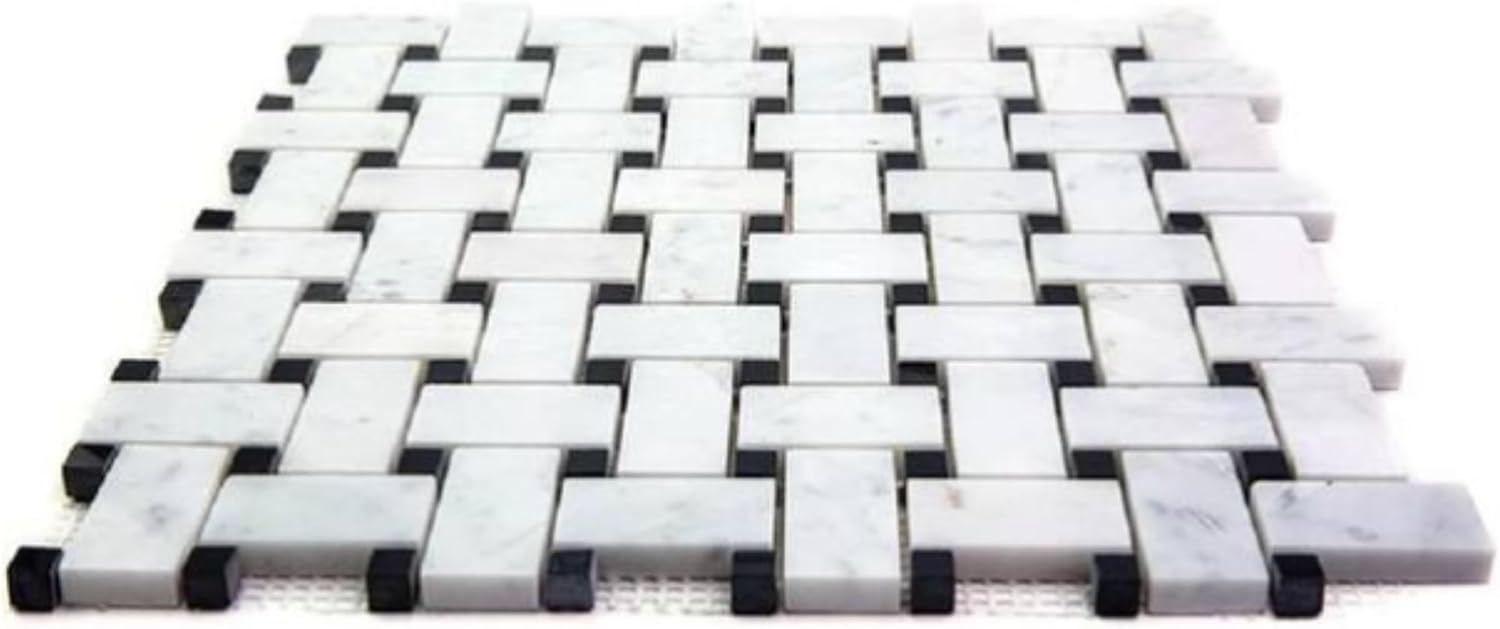 Tenedos HTCRC 12 x 12 Inch Bianco Carrara Basket Weave Black Dot Marble Interlocking Mosaic Tile | Kitchen Backsplash Bathroom Shower Accent Wall (1 Sheet)