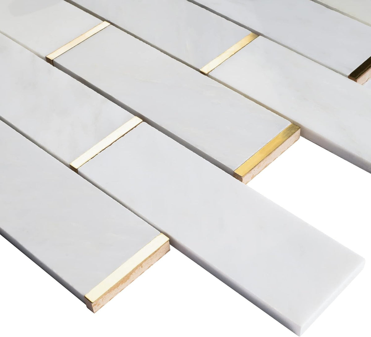 2x6 White and Gold Metal Stainless Steel & Marble Tile – Polished Finish, 1 Sheet for & Wall Decor