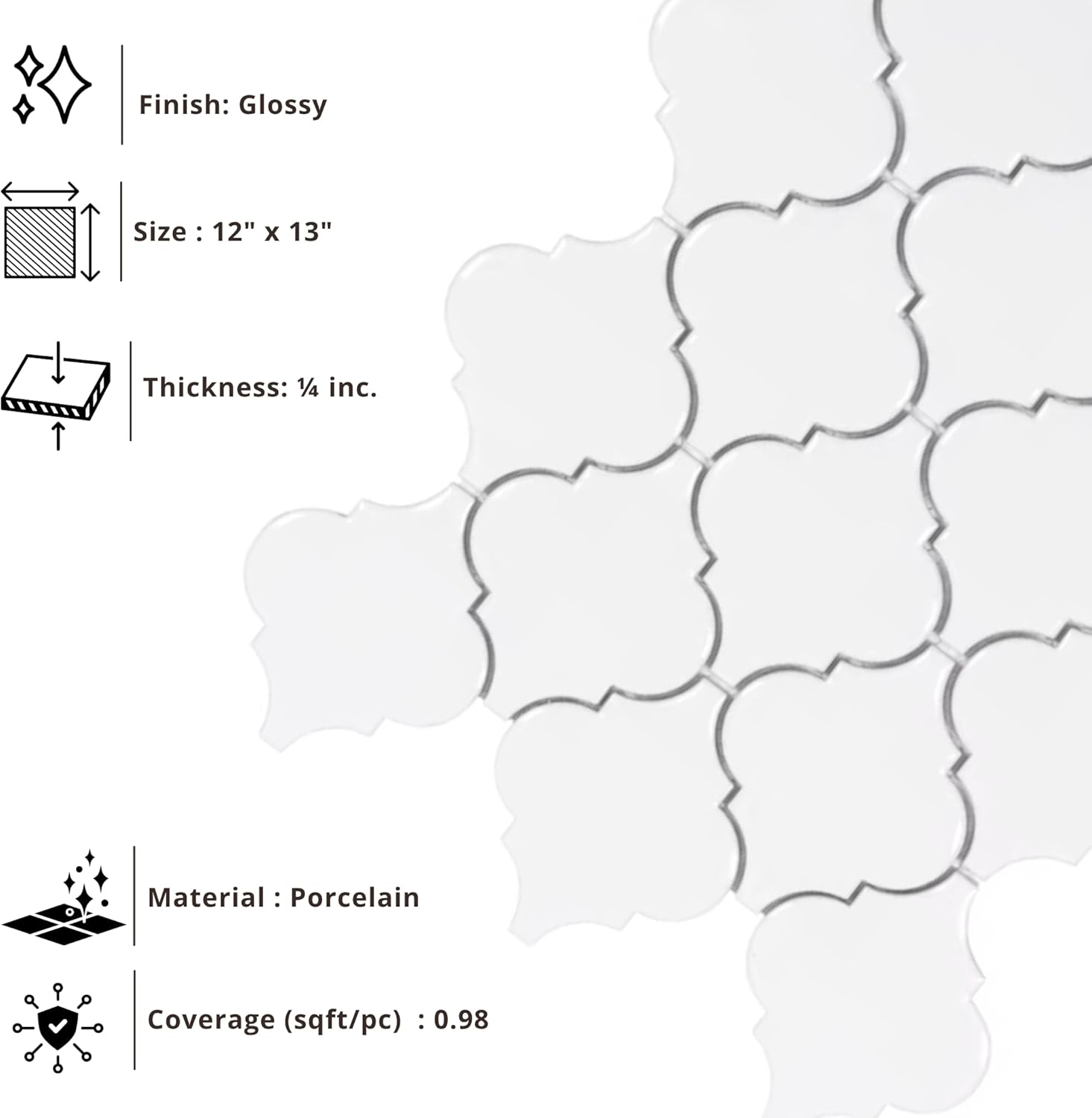Tenedos Crystal Glow Glossy White Arabesque Porcelain Mosaic Tile 12x13 in for Kitchen Backsplash Bathroom Wall Shower Fireplace Accent