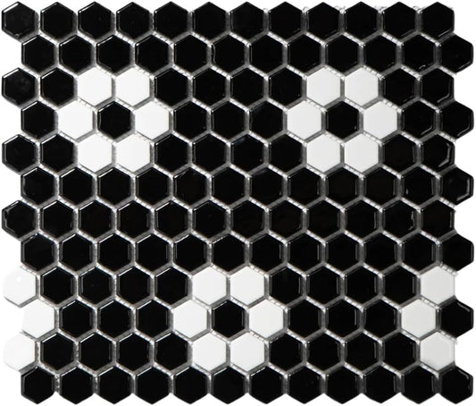 Tenedos Hexagon Glossy Black and White Flower Porcelain Mosaic Tile – Kitchen Backsplash, Bathroom Wall & Shower Floor Tile