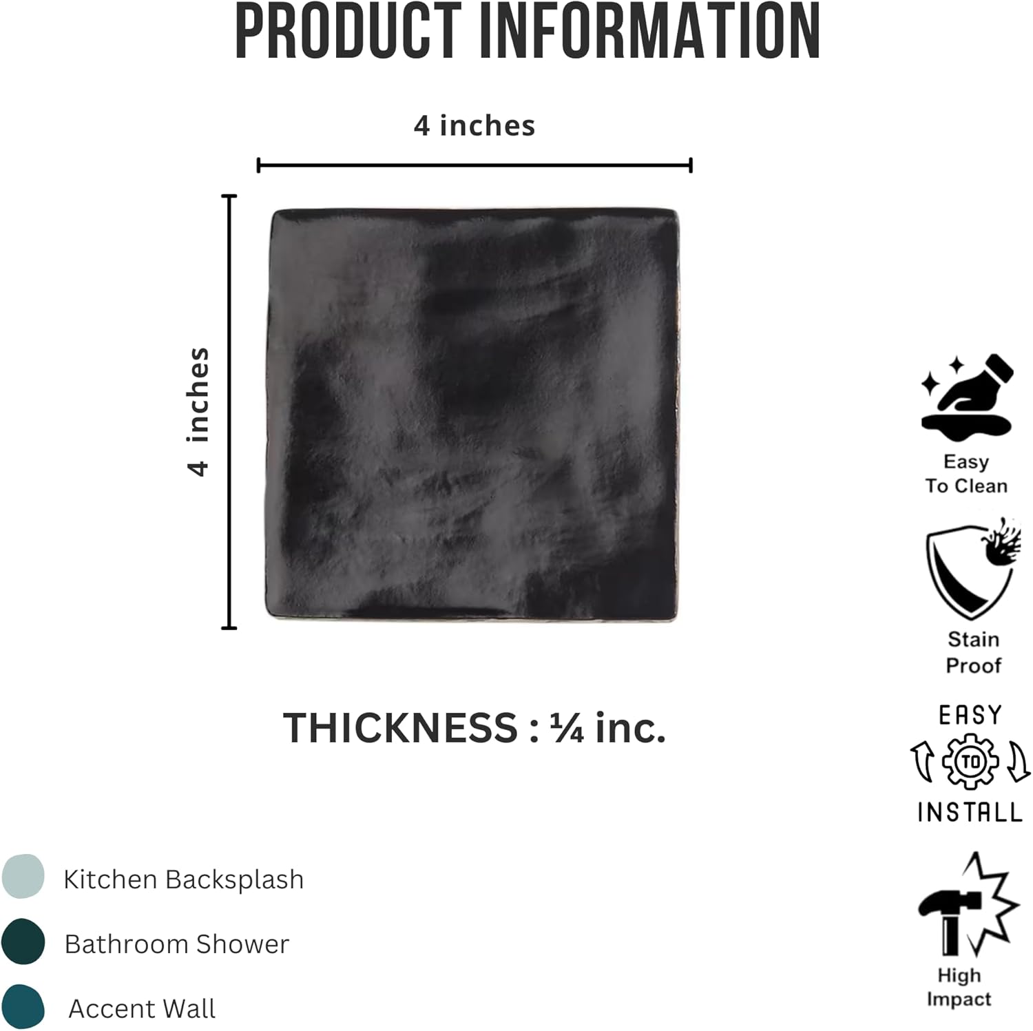 Tenedos 4x4 Inch HTCFD Premium Quality Matte Zellige Ceramic Tile with Subtle Shimmer | Handmade Look Moroccan Square Wall Tile for Kitchen Backsplash & Bathroom Wall
