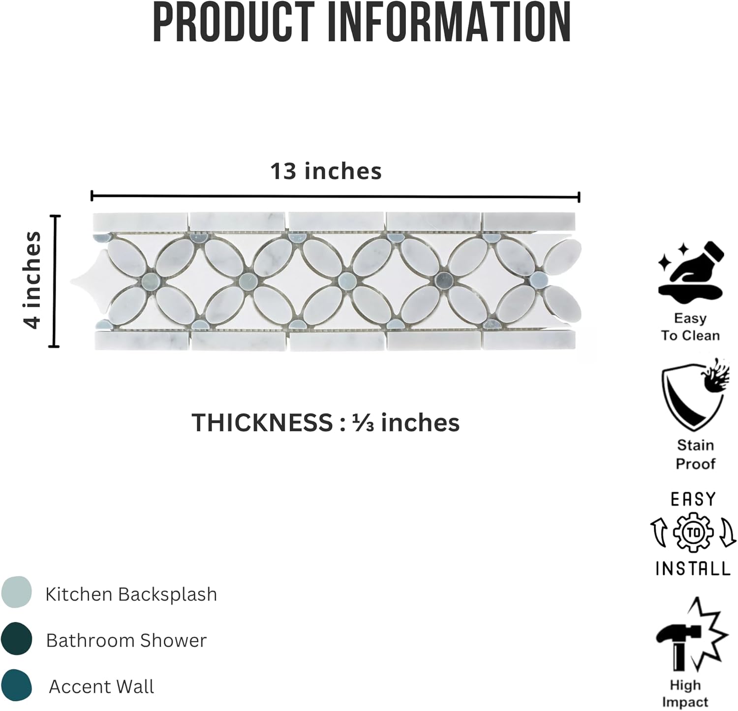 Tenedos 4x13 Polished Carrara White Marble Border Tile – Italian Marble Trim for Indoor Floors, Walls, Showers, Bathrooms, Fireplaces – Water-Resistant