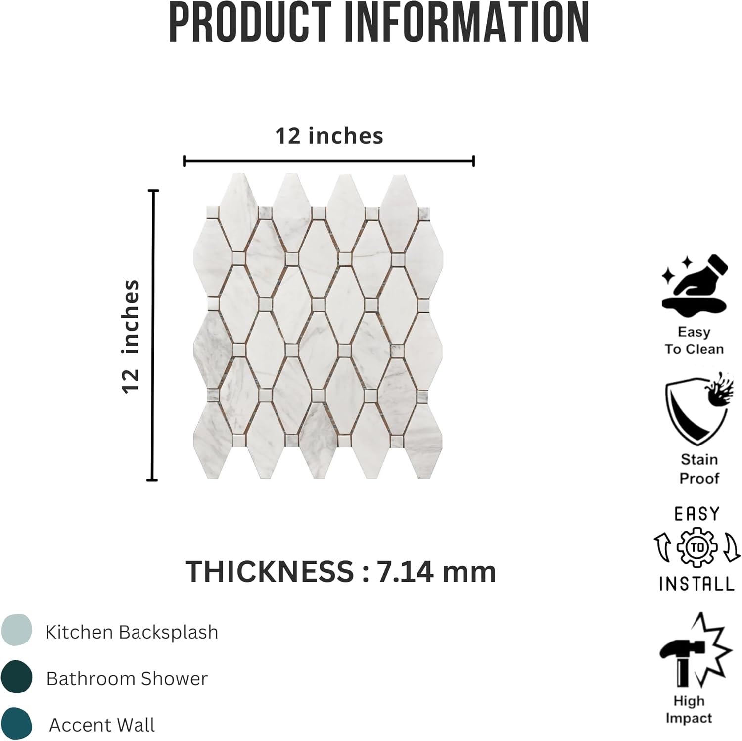 Tenedos HTCRC Bianco Carrara Large Rhombus Marble Mosaic Tile | 12 x 12 Inch Mesh-Mounted | Kitchen Backsplash Bathroom Shower Accent Wall