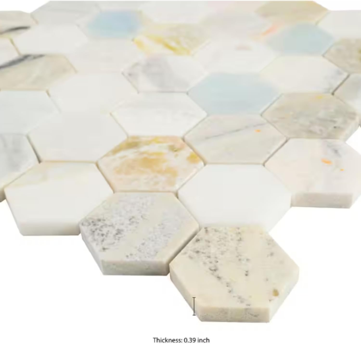Aurora Mist 2" Hexagon Polished Marble Mosaic Tile – Natural Stone Floor and Wall Tile for Bathroom, Kitchen Backsplash, and Shower Accent