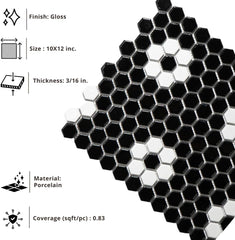 Tenedos Hexagon Glossy Black and White Flower Porcelain Mosaic Tile – Kitchen Backsplash, Bathroom Wall & Shower Floor Tile