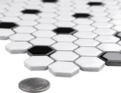 Tenedos White and Black Hexagon Polished Porcelain Mosaic Tile – Classic Glossy Geometric Wall and Floor Tile for Bathroom, Kitchen, and Backsplash (5 Sheets)