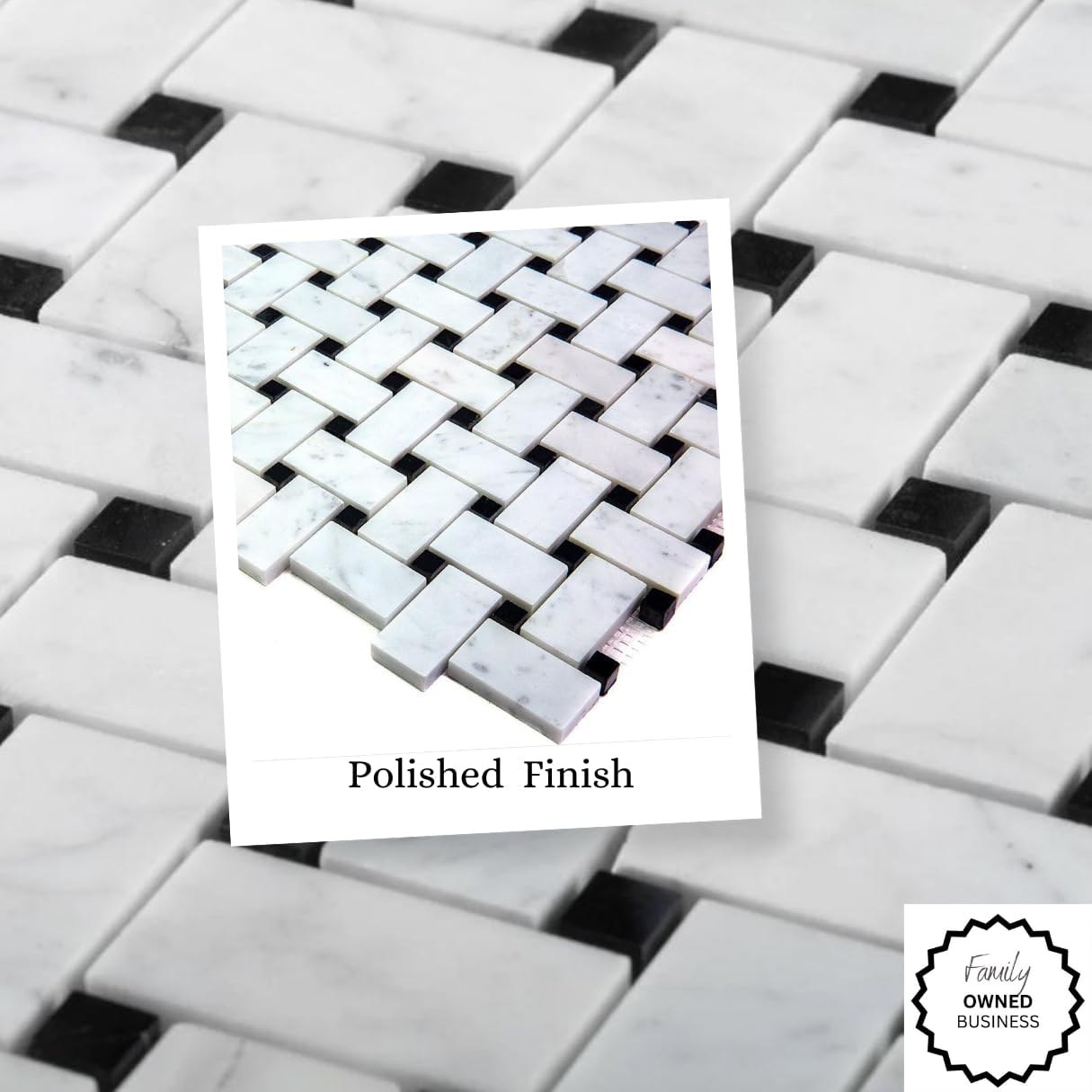 Bianco Carrara Basketweave Marble Tile - Black Dots, Polished Finish