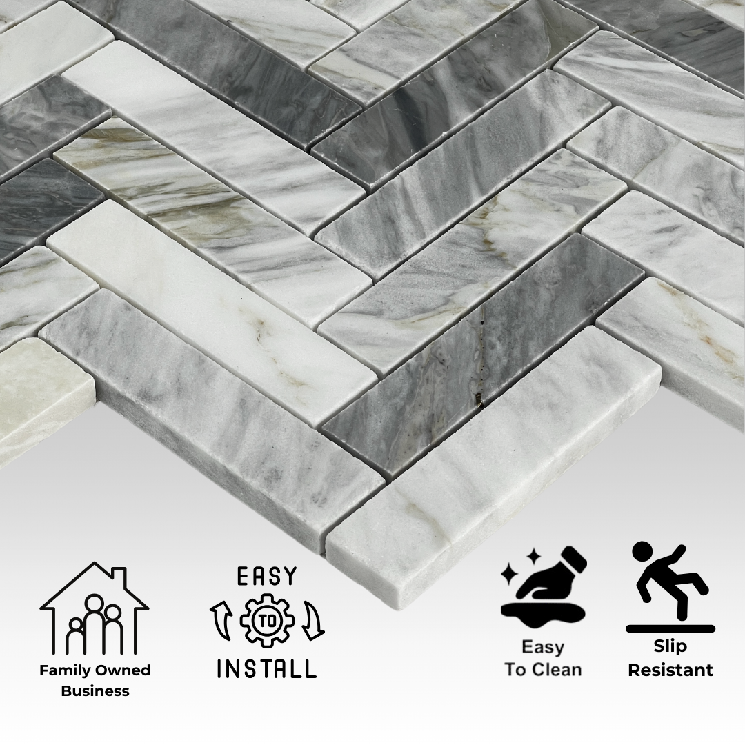 Tenedos Pyrite Calacatta Honed Marble Herringbone Mosaic Tile- 1 piece