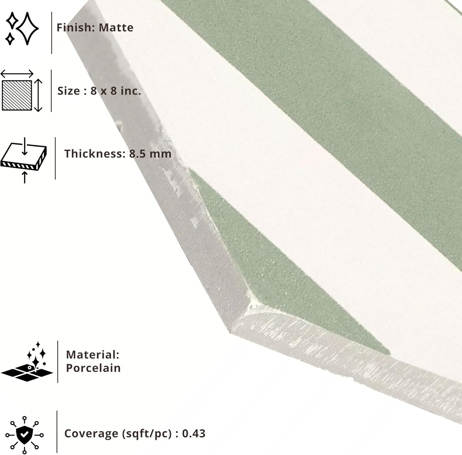 Tenedos Sage Linea 8" x 8" Matte Porcelain Tile for Wall and Floor, Diagonal Stripe Green and White Pattern, Modern Geometric Design, Indoor Outdoor Use
