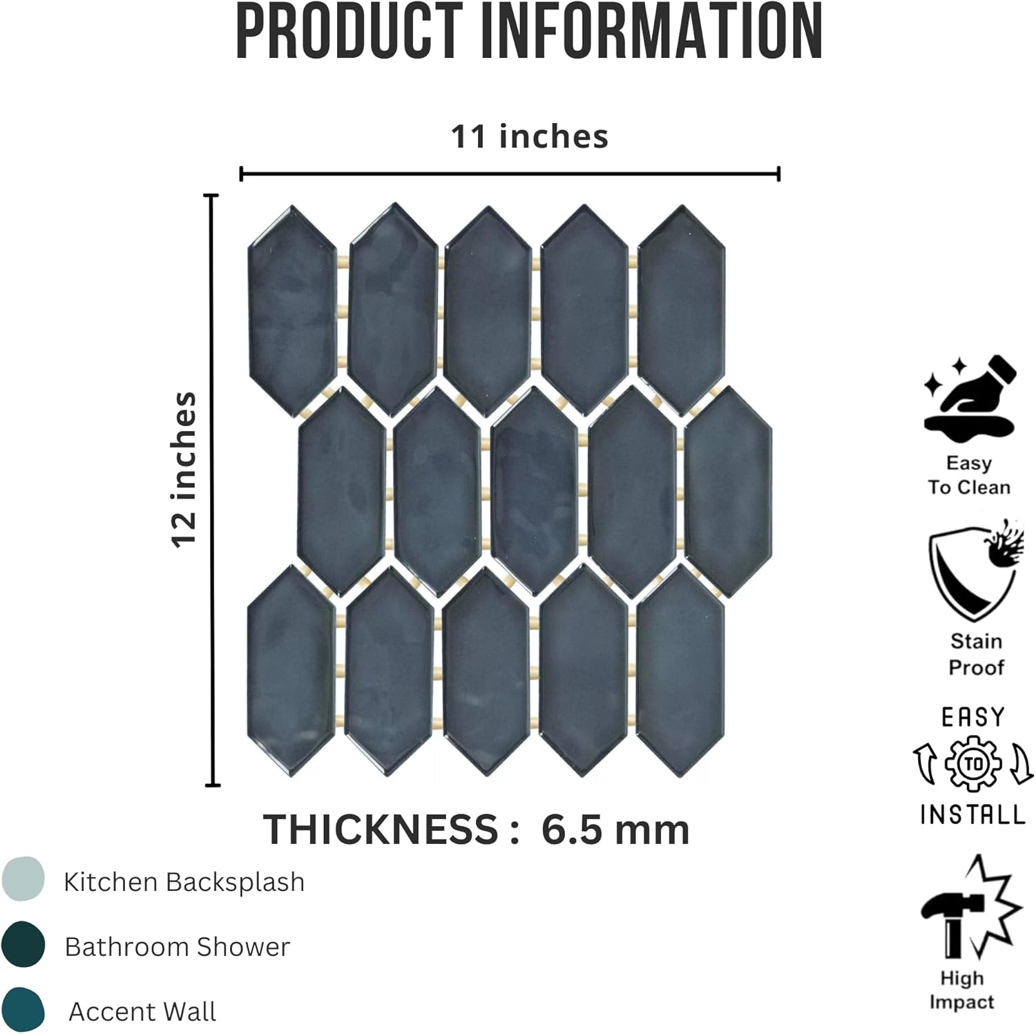 Tenedos HTCFD Blue Elongated Hexagon Glossy Ceramic Mosaic Tile, High-Gloss Pressed Edge Mesh-Mounted Wall Tile for Backsplash, Shower Walls and Fireplace Surrounds