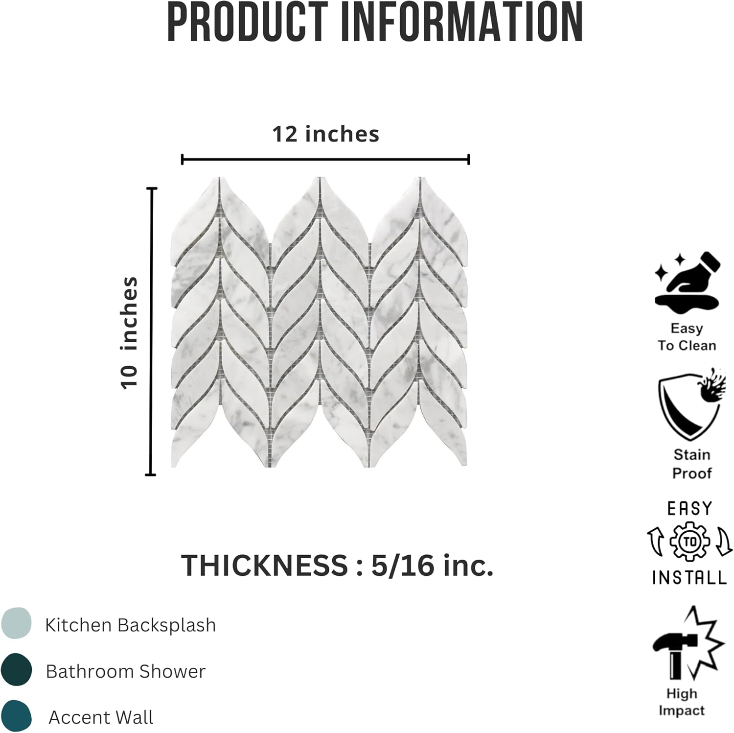 Tenedos HTCRC Carrara White Marble Spike Mosaic Tile – 10x12 Inch Mesh-Mounted Sheet – Natural Marble Geometric Mosaic for Backsplash Bathroom Kitchen Wall