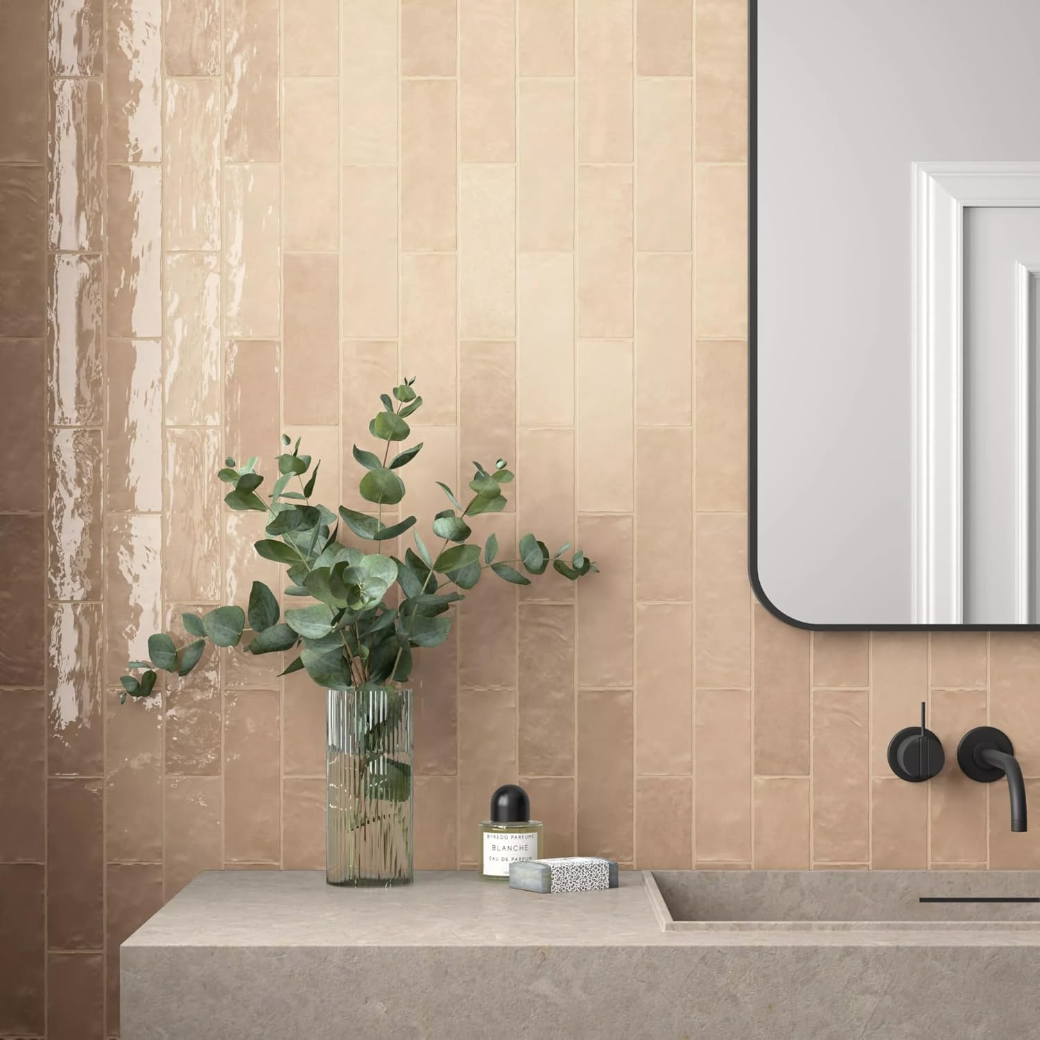 Tenedos HTCFD 2.5x8 Glossy Handmade Look Ceramic Wall Tile – Spanish Zellige Style Subway Tile for Kitchen Backsplash, Bathroom, and Fireplace (1 Box, 38 Pieces, 5.32 Sqft Coverage)