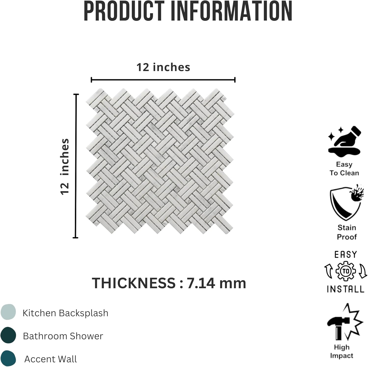 Tenedos HTCRC Bianco Carrara Crossed Basket Weave Marble Interlocking Mosaic Tile | 11 x 12 Inch Mesh-Mounted White Marble | Kitchen Backsplash Bathroom Shower Accent Wall