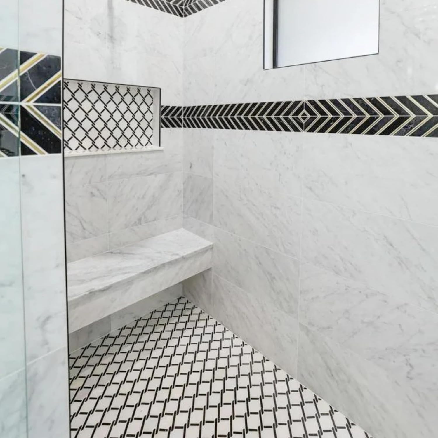 Tenedos HTCRC Bianco Carrara Eastern White Marble Black Interlocking Mosaic Tile | 11 x 12 Inch Mesh-Mounted White Marble | Kitchen Backsplash Bathroom Shower Accent Wall