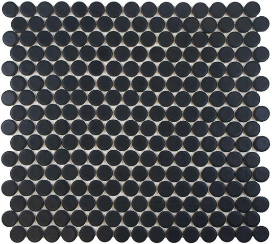 Matte Black Penny Round Porcelain Mosaic Tile - 12x12 Sheet for Backsplash, Bathroom, Kitchen Wall, Shower