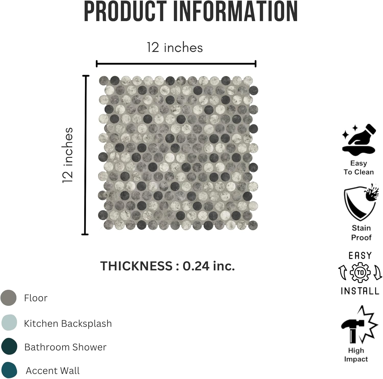 Tenedos Gray Black Mix Penny Round Recycled Glass Mosaic Tile – 12x12 Matte Finish for Wall, Floor, Bathroom, and Kitchen (5 Sheets, 5 Sqft Total Coverage)