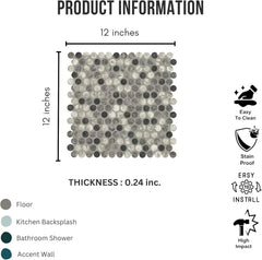 Tenedos Gray Black Mix Penny Round Recycled Glass Mosaic Tile – 12x12 Matte Finish for Wall, Floor, Bathroom, and Kitchen (5 Sheets, 5 Sqft Total Coverage)
