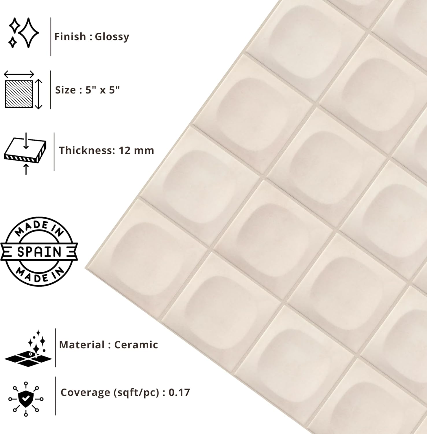 Tenedos HTCFD 5x5 Beige Dimensional Square Ceramic Tile – 10 Piece Set, Textured Sculpted Center Design for Bathroom Walls, Kitchen Backsplash