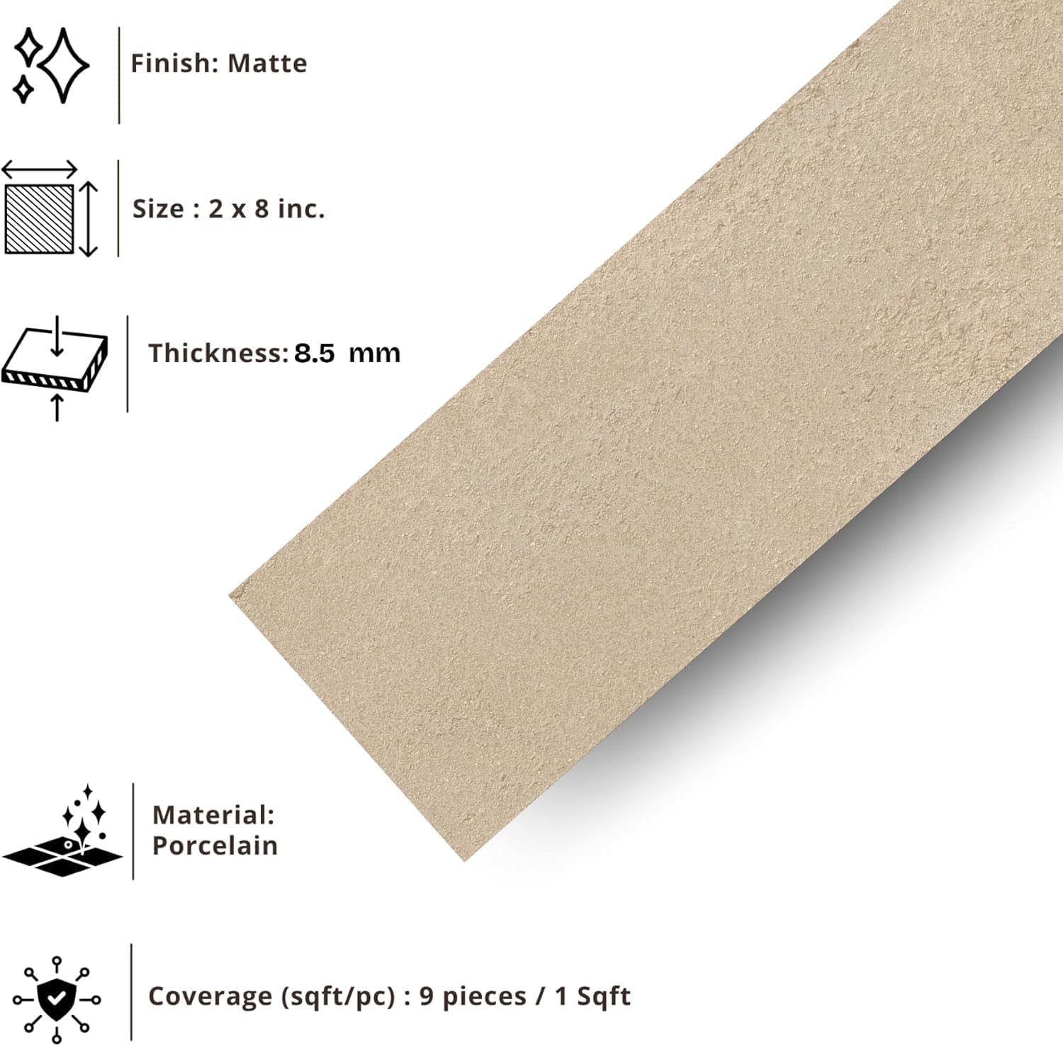 Tenedos Matte Beige Porcelain Subway Tile – 2"x8" Wall and Floor, Backsplash for Kitchen, Bathroom, Shower, Fireplace Accent - Great for Restaurant Hotel Cafe Spa