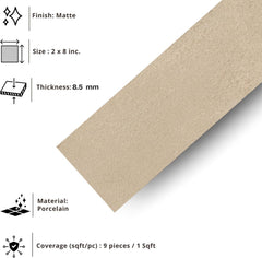 Tenedos Matte Beige Porcelain Subway Tile – 2"x8" Wall and Floor, Backsplash for Kitchen, Bathroom, Shower, Fireplace Accent - Great for Restaurant Hotel Cafe Spa