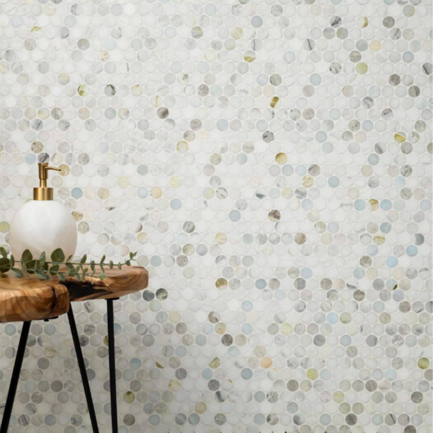 Aurora Pearl Round Marble Mosaic Tile – Polished Natural Stone Sheet for Bathroom, Kitchen Backsplash, and Shower Accent