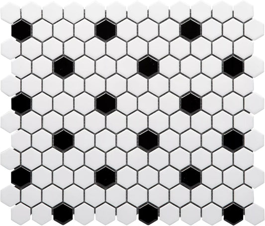 Tenedos White and Black Hexagon Polished Porcelain Mosaic Tile – Classic Glossy Geometric Wall and Floor Tile for Bathroom, Kitchen, and Backsplash (5 Sheets)