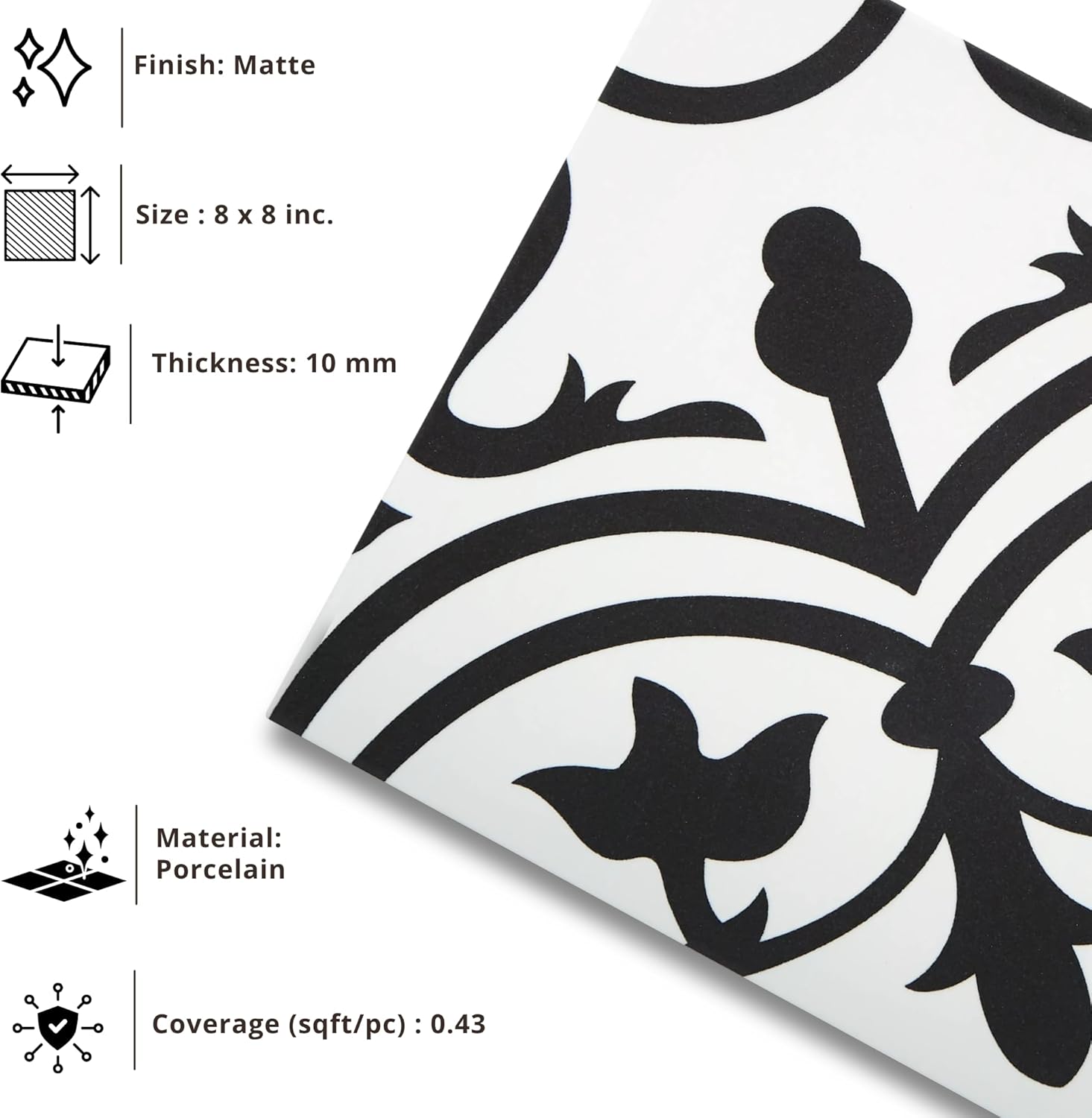 Tenedos Noir Vine 8" x 8" Black and White Matte Porcelain Tile for Floor and Wall, Spanish Decorative Pattern, Indoor Outdoor Use