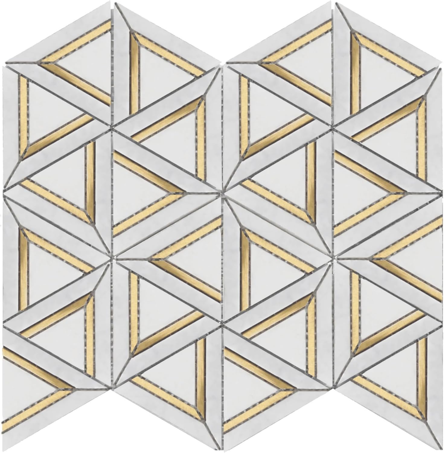 Tenedos HTCRC Carrara White Metal 12x14 Mosaic Tile – Triangle Geometric 3D Hexagon Pattern with Gold Inlay, White Marble Look for Kitchen Backsplash & Bathroom Wall