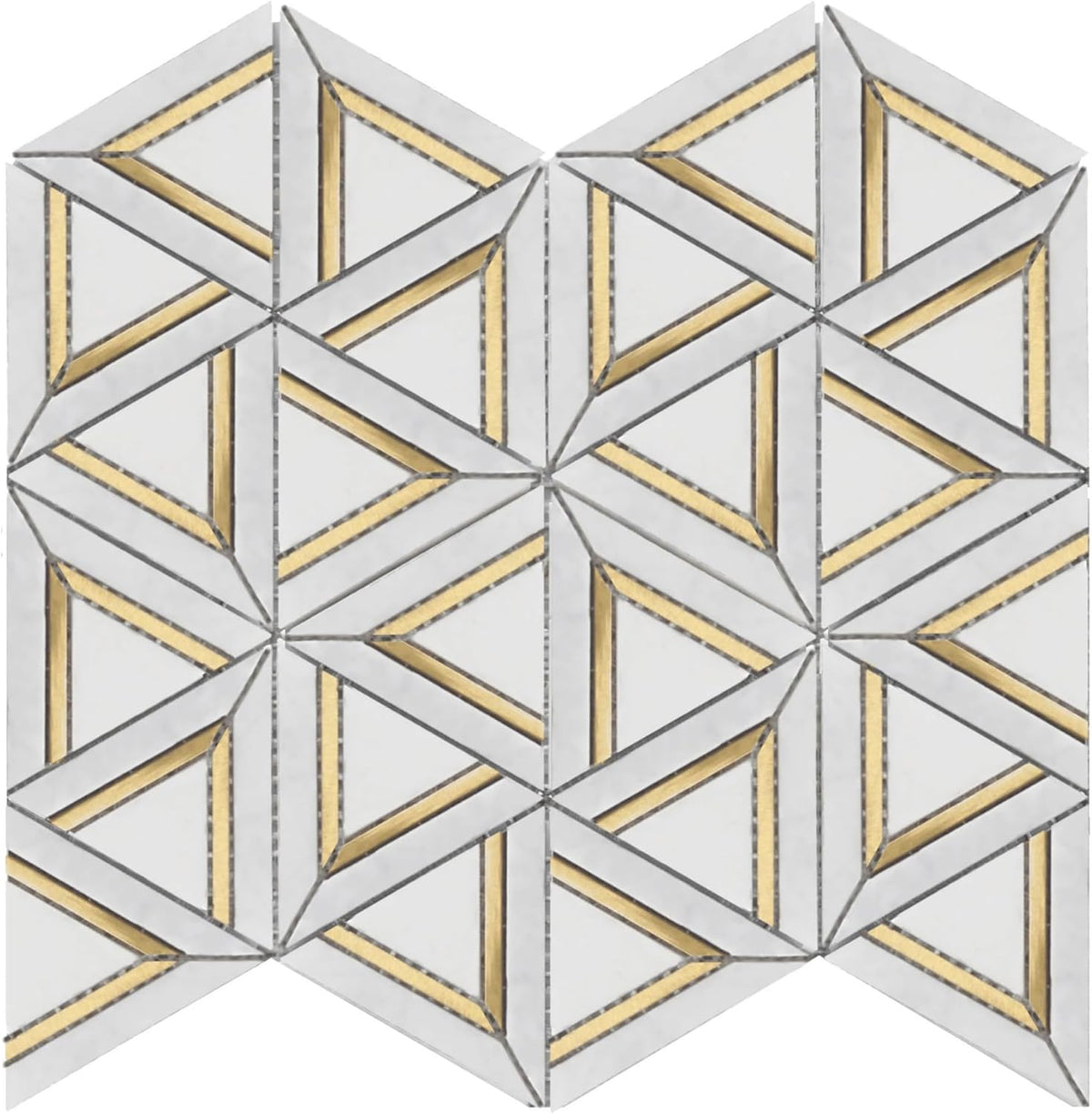 Tenedos HTCRC Carrara White Metal 12x14 Mosaic Tile – Triangle Geometric 3D Hexagon Pattern with Gold Inlay, White Marble Look for Kitchen Backsplash & Bathroom Wall