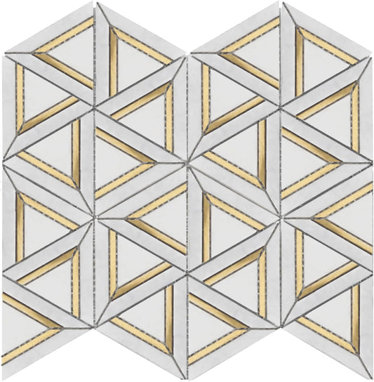 Tenedos HTCRC Carrara White Metal 12x14 Mosaic Tile – Triangle Geometric 3D Hexagon Pattern with Gold Inlay, White Marble Look for Kitchen Backsplash & Bathroom Wall