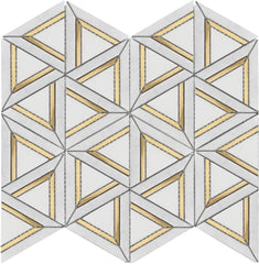 Tenedos HTCRC Carrara White Metal 12x14 Mosaic Tile – Triangle Geometric 3D Hexagon Pattern with Gold Inlay, White Marble Look for Kitchen Backsplash & Bathroom Wall