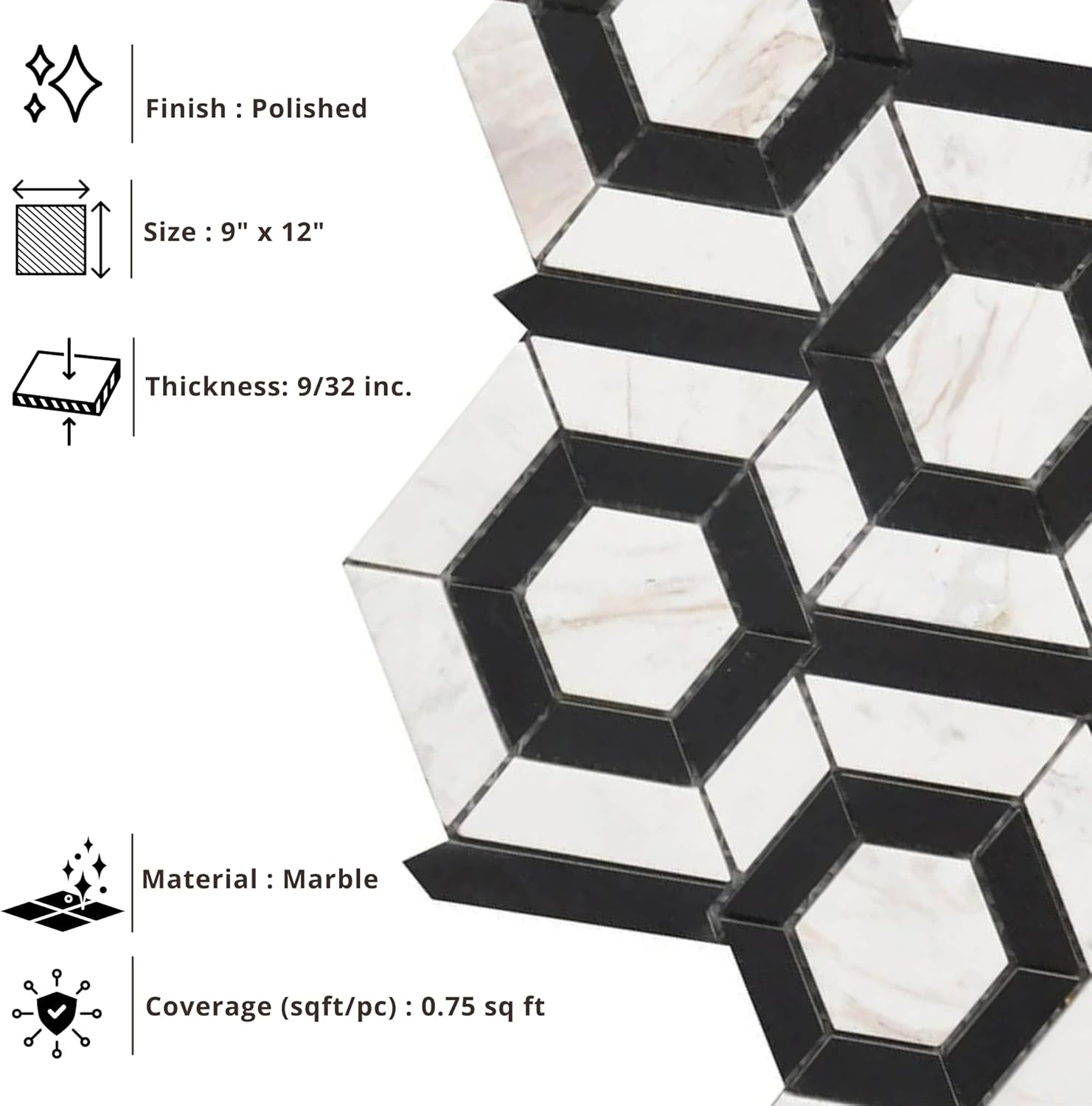 Tenedos HTCRC 9x12 Marble Hexagon Mosaic Tile – White & Black Natural Marble Geometric Floor and Wall Tile