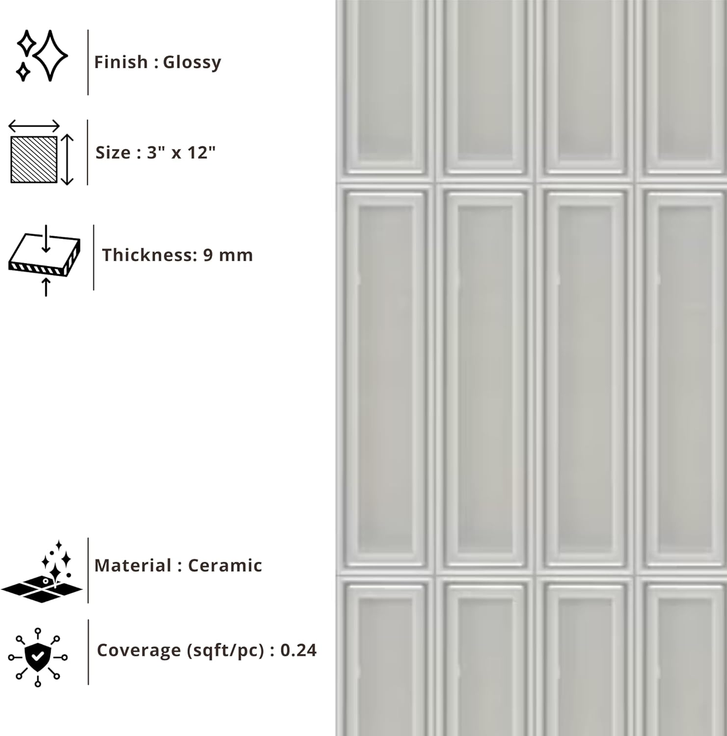 Tenedos HTCLW 3x12 Glossy Cloud Ceramic Subway Tile, Smooth Surface, Pressed Edge, Water-Resistant Wall Tile for Backsplash, Bathroom, Shower